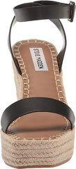 Steve Madden Upstage Black Leather Ankle Strap Open Toe Wedge Heeled Sandals