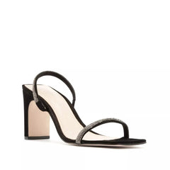 Schutz Salwa Black Suede Rhinestone Open Toe Thin Strap Mid Heel Mule Sandals