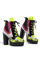 Cape Robbin Nell Glitter Lace Up Chunky Platform Block High Heel Ankle Booties