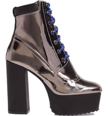 Shellys London Evan Pewter Multi Lace Up Chunky Platform Hi Chunky Heel Boots