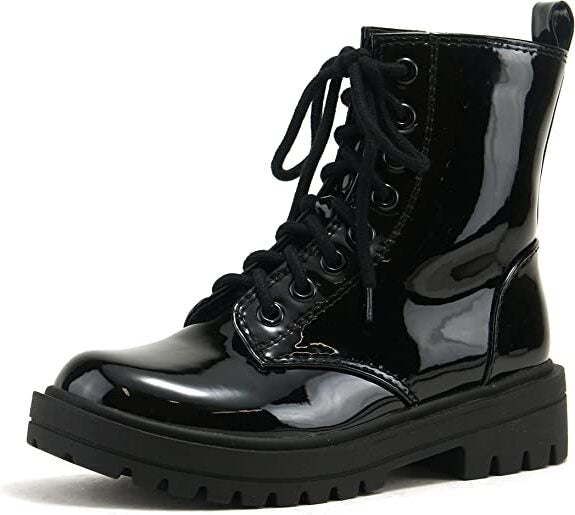 Soda Firm Black Patent Lace Up Round Toe Chunky Combat Ankle Wide Boots