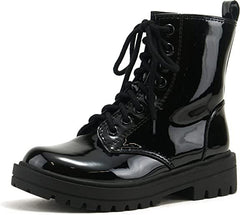 Soda Firm Black Patent Lace Up Round Toe Chunky Combat Ankle Wide Boots