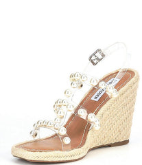 Steve Madden Upright Clear Espadrille Pearl Embellished Strap Wedge Sandals