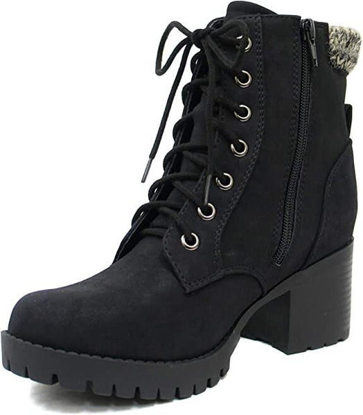 Soda Single Black Nubuck Lug Sole Chunky Heel Lace Up Platform Combat Wide Boots