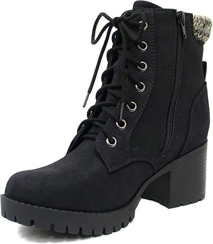Soda Single Black Nubuck Lug Sole Chunky Heel Lace Up Platform Combat Wide Boots