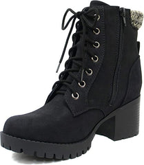 Soda Single Black Nubuck Lug Sole Chunky Heel Lace Up Platform Combat Wide Boots