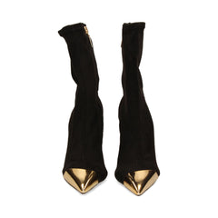 Schutz Luh Black Stretch Suede Gold Pointed Toe Stiletto Heel Fitted Ankle Boots