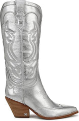 Sam Edelman James Silver Wide Calf Pointed Toe Stacked Block Heel Western Boots