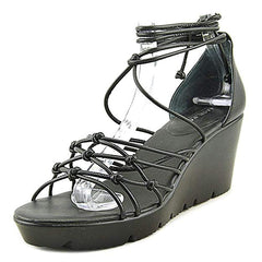 Charles David Vegas Black Leather Strappy Low Platform Tie Up Wedge Sandals