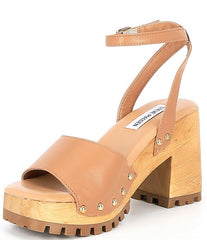 Steve Madden Ocala Tan Leather Ankle Strap Open Toe Wood-Like Platform Sandals