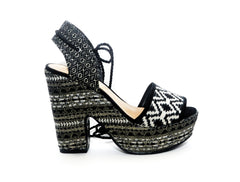 Schutz Markie Black Fabric Wrapped Block Heel Platform Open Toe Tie-Up Sandals
