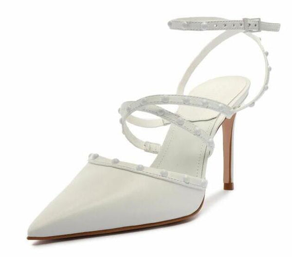 Schutz Anne White Ankle Strap Embellished Upper Strappy High Stiletto Heel Pumps