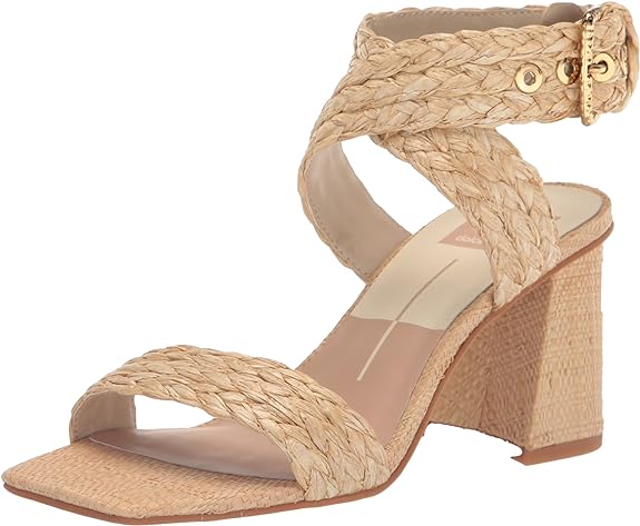 Dolce Vita Paytin Lt Natural Raffia Ankle Strap Squared Toe Block Heeled Sandals