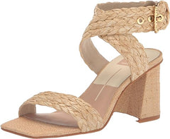 Dolce Vita Paytin Lt Natural Raffia Ankle Strap Squared Toe Block Heeled Sandals