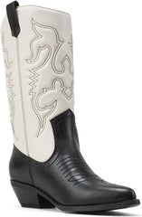 Soda Reno Black White Combo Pu Western Cowboy Pointed Toe Knee High Pull On Boot