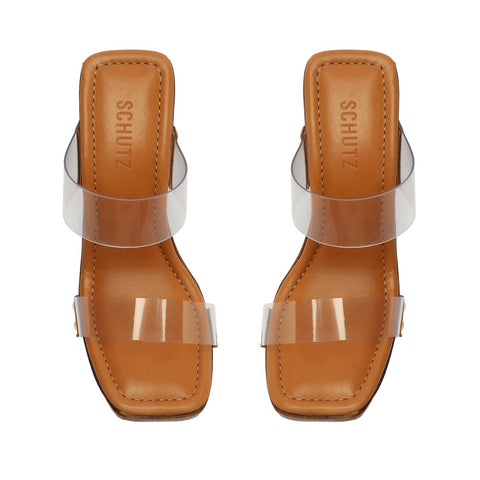 Schutz Aryana Vinyl Brown Double Strap Square Toe Wooden Platform Heel Sandals