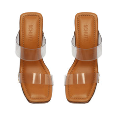 Schutz Aryana Vinyl Brown Double Strap Square Toe Wooden Platform Heel Sandals