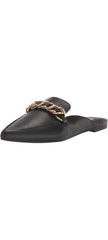 Steve Madden Faine Black Leather Pointed Toe Slip On Chain Detail Flat Mules
