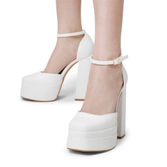 Dream Pairs High Chunky White Fashion Square Toe Ankle Strap Platform Pumps