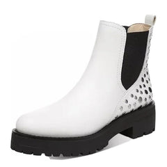 Sam Edelman Jalyn White Chunky Block Heel Embellished Closed Toe Pull On Boots
