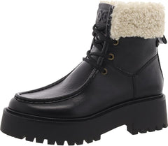 Sam Edelman Elara Black/Bone Leather Lug Sole Lace Up Shearling Chunky Booties