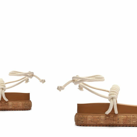 Schutz Nagie Cru Ivory Flat Wedge Cork Heel Tie Up Rope Rounded Open Toe Sandals