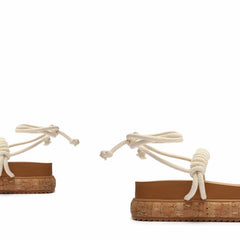 Schutz Nagie Cru Ivory Flat Wedge Cork Heel Tie Up Rope Rounded Open Toe Sandals
