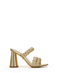 Sam Edelman Kendra Gold Leaf Leather Block Heel Squared Open Toe Slip On Mules