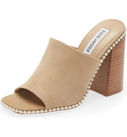 Steve Madden Decoded Tan Suede Pearl Open Toe Block Heeled Mule Slip On Sandals