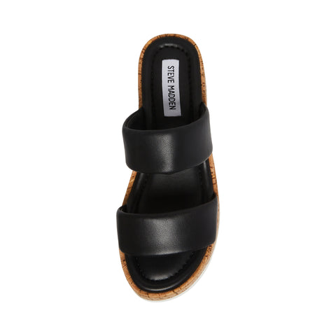 Steve Madden Defuse Black Leather Round Toe Slip On Wedge Platform Sandals
