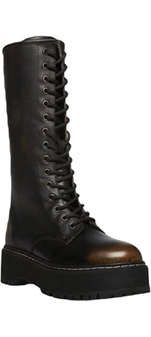 Steve Madden Benson Black Distressed Lace Up Moto Lug Sole Mid Calf Leather Boot