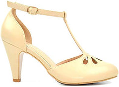 Chase & Chloe Kimmy-36 Women's Teardrop T-Strap Mid Heel Pumps, Nude Pu