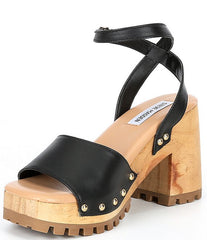 Steve Madden Ocala Black Leather Ankle Strap Squared Open Toe Platform Sandals