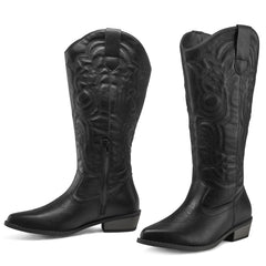 mysoft Women's Wide Calf Pull on Mid Calf Pointed Toe Chunky Heel Western Boots 10W
