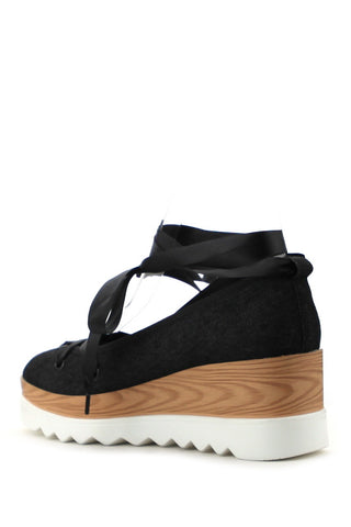 Cape Robbin Fara-5 Tie Up Wedge Platform Black Denim Sandal Pumps White Sole