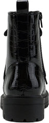 Soda Firm Black Croco Patent Lace Up Round Toe Chunky Combat Ankle Wide Boots