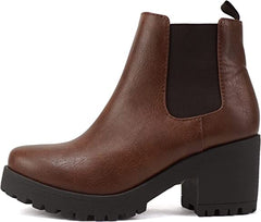 Soda Jaber Brown Pu Chunky Lug Sole Elastic Side Gore Pull On Chelsea Ankle Boot