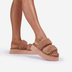 Luxemoda Tata Fluffy Stripe Platform Slip On Open Toe Faux Fur Slippers