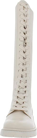 Sam Edelman Lila Ivory Leather Chunky Heel Rounded Toe Lace Up Knee High Boots