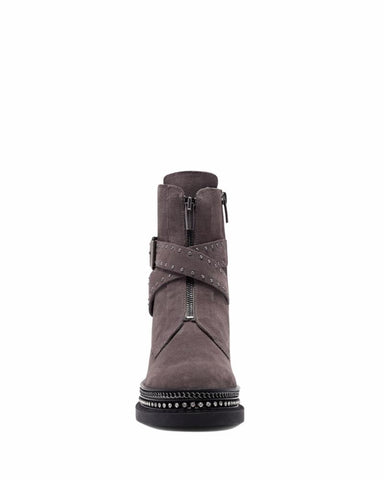 Vince Camuto Blinda Peltro Grey Moto Chic Chain Rim PLatform Lug Sole Booties