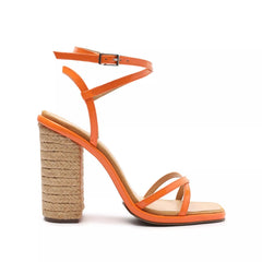 Schutz Narah Orange Open Toe Cross Buckle Ankle Strap Block High Heeled Sandals