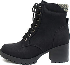 Soda Single Black Nubuck Lug Sole Chunky Heel Lace Up Platform Combat Wide Boots