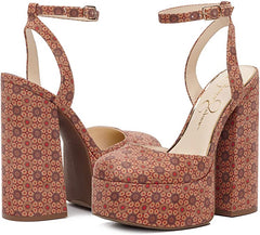 Jessica Simpson Skilla Tan Combo Rounded Toe Buckle Strap Block Heeled Sandals