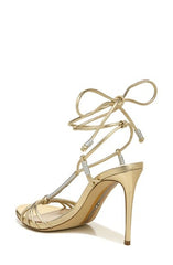 Sam Edelman Safiya Gold Silver Open Toe T-Strap Ankle Lace Up Stiletto Sandals