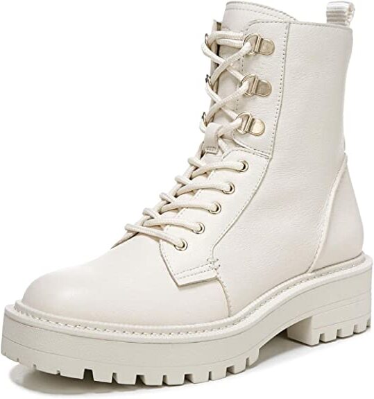 Sam Edelman Lue Ivory Chunky Block Heel Rounded Toe Lace Up Ankle Combat Boots