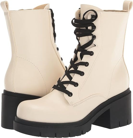 Nine West Juna3 Ivory Lace Up Chunky Block Heel Rounded Toe Combat Ankle Boots