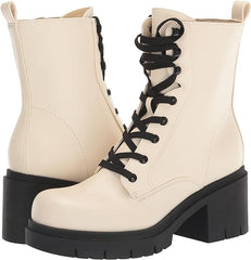 Nine West Juna3 Ivory Lace Up Chunky Block Heel Rounded Toe Combat Ankle Boots