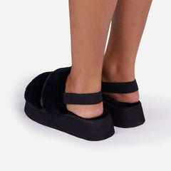 Luxemoda Tata Fluffy Stripe Platform Slip On Open Toe Faux Fur Slippers