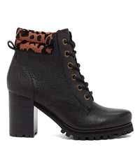 Kelsi Dagger Trek Black/Leopard Lace Up Combat Leather Block Heel Ankle Booties