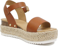 Soda Clip Tan Open Toe Faux Leather Buckle Ankle Strap Wedges Heeled Sandals